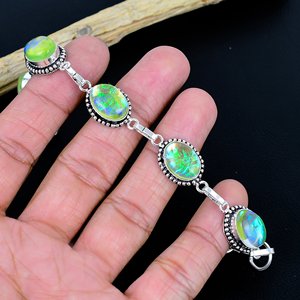 Vintage 925 Silver Opal <b>Bracelet</b> Women's Chain Link Bezel Setting Everyday Wear Green Blue Iridescent Stone Jewelry - Product Image 3
