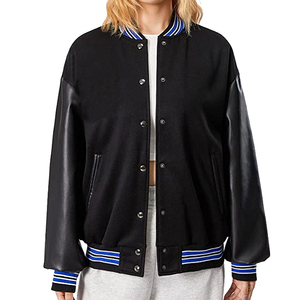 Veste universitaire unisexe ELEGANT CORPORATION noire avec manches en cuir PU, couleur unie, coupe-vent, respirante, boutons en corne, décontractée, automne - Product Image 6