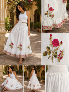 Heritage <b>White</b> Garment Women Vintage Rose Print Tiered <b>Maxi</b> Bottom Smocked High Waistband Gathered Ruffle Layered Outwear - Product Image 3