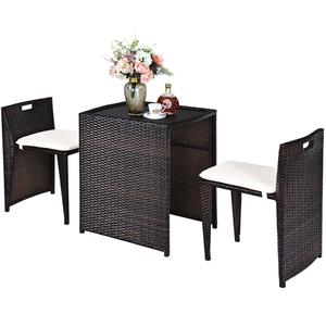 Ensemble bistrot moderne d'extérieur en rotin PE, 3 pièces, mobilier de patio en osier avec table à plateau en verre et chaises rembourrées pour balcon et jardin - Product Image 2