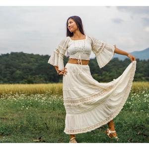 Womens Boho Off Shoulder Crop Top <b>Long</b> <b>Skirt</b> Set Summer White Lace Two Piece Maxi Dress Outfit - Product Image 2
