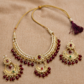 Gold Plated Ethnic Necklace and Earring <b>Set</b> with Red Tassel and <b>Crystal</b> Rhinestone for Women Wedding Festival Wear - Product Image 4