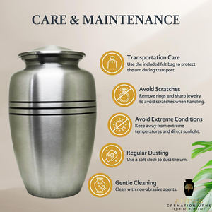 Urne funéraire en métal argenté brossé pour cendres humaines adultes |   Urne funéraire de style américain/européen classique avec bandes noires |   220 Cubic - Product Image 5