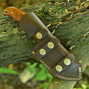 Cuchillo de caza y desollado de hoja fija de acero de Damasco con gancho para tripas, mango de madera, espiga completa, personalizado OEM/ODM, con funda de cuero - Product Image 6