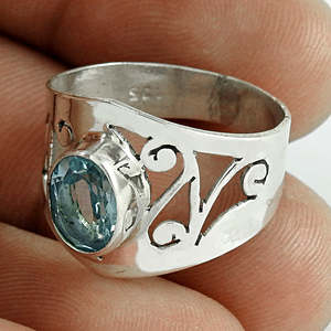 <b>925</b> Sterling <b>Silver</b> Stylish Wide Band <b>Ring</b> With Fine Oval Cut Blue Topaz Gemstone Trendy Wedding Party Statement Bohemian <b>Ring</b> - Product Image 1