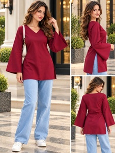 Wholesale Women’s Solid V-Neck Bell Sleeve Tunic Top – Casual Long Sleeve <b>Blouse</b> V-Neck Daily Wear Women's Long Sleeve Tunic <b>Red</b> - Product Image 4