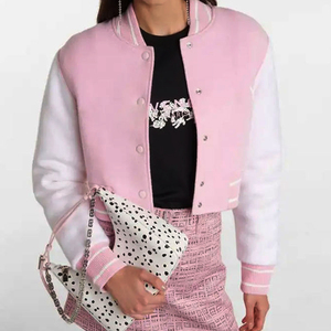 Pink Varsity <b>Jacket</b> With <b>White</b> Sleeves Mandarin Collar Button Front Short Length Preppy Style Regular Fit Unisex Spring Wear - Product Image 2