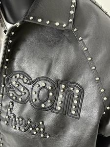 Men Varsity Jacket Black Studded Letter Print Turn <b>Down</b> Collar Zipper Faux Leather Retro Casual Streetwear Varsity Jacket - Product Image 4