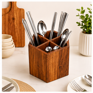 Handcrafted Hexagonal Wooden Cutlery Holder 4-Compartment Solid Wood Utensil <b>Caddy</b> & Silverware Organizer For <b>Kitchen</b> Countertop - Product Image 4