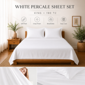 Juego de Sábanas de Algodón Percal Blanco de 190 Hilos, Tamaño King, con Funda de Edredón y Edredón para Uso Doméstico o Hotelero - Product Image 1