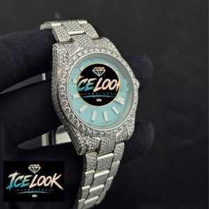 Montre de luxe Ice Look à quartz avec lunette sertie de diamants, cadran bleu, bracelet en acier inoxydable, unisexe, résistante à l'eau, réserve de marche - Product Image 4