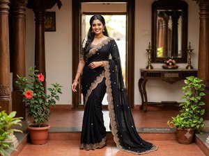 Sari en Georgette de créateur pour tenue de fête, orné de broderies Zari et de découpes, avec chemisier, pour un port quotidien confortable, tenue ethnique - Product Image 2