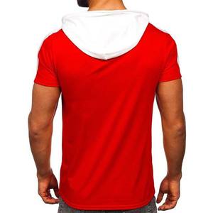 เสื้อยืดผู้ชายสีแดงมีฮู้ดทรงเข้ารูปแขนสั้นผ้าถักโพลีเอสเตอร์สีพื้นลำลองใส่สบายระบายอากาศได้ดีสำหรับฤดูร้อน - Product Image 3
