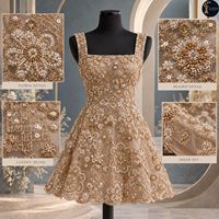 Tissu de robe en maille florale perlée avec broderie dorée et motifs de perles |   Tissu décoratif pour robes de mariée et tenues de soirée en résille