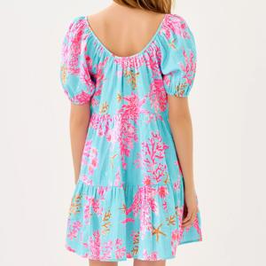 Robe d'été imprimée pour femme OEM avec poches, robe mini élégante rouge à col rond et manches bouffantes personnalisée pour femme - Product Image 5