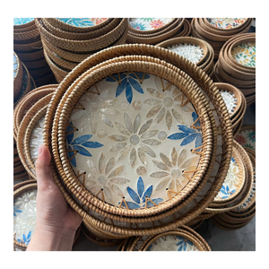 Premium Eco Friendly Rattan <b>Tray</b> With Mother Of Pearl Inlay Artisan Handmade Decorative <b>Basket</b> For Modern Homes - Product Image 1