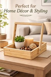 Pinewood Hamper Gift Handle <b>Basket</b>, with Decoration Net & <b>Flowers</b>, Festival Gift Hamper, Wooden Gift Hamper <b>Basket</b>. - Product Image 6