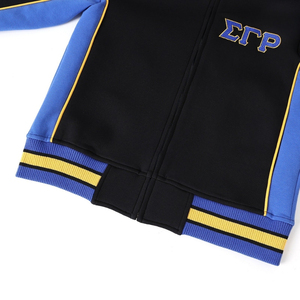 Veste d'échauffement SGRho Black Air Tech Fleece bleu roi avec bordure dorée, fermeture éclair intégrale, veste d'entraînement athlétique, vêtements de sport pour sororité et université - Product Image 5