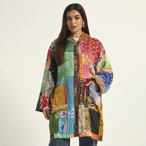 Women's Patchwork Kantha Quilted Long <b>Coat</b> Regular Sleeve <b>Button</b> Printed Winter Outerwear Reversible Cotton Bohemian Style - Product Image 1