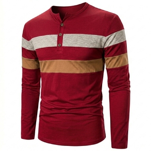 Mens Wine Red Henley Shirt Long Sleeve Color Block T Shirts Fashion Striped Cut Sew Cotton Knit Casual Pullover Tee Shirts Slim - Product Image 1