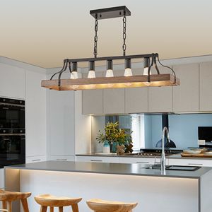 Lámpara Colgante Moderna de 34 Pulgadas Estilo Granja, Madera de Nogal Negro, 5 Portalámparas E26, Cadena Ajustable en Altura para Interiores - Product Image 1