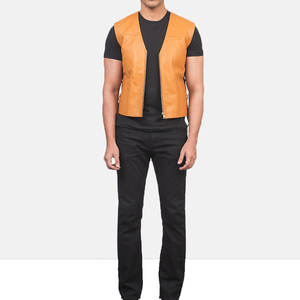 Gilet en cuir véritable marron caramel pour homme, col rond, fermeture boutonnée, style vintage automne, respirant - Product Image 1