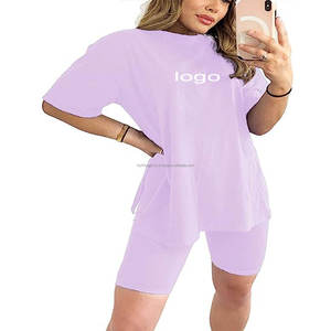 Custom Plain Cotton T Shirt Match With Tight Shorts Two Piece Outfits Summer Biker Shorts <b>Set</b> for Women - Product Image 2