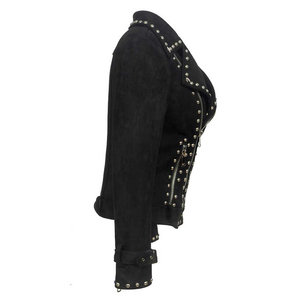 Chaqueta de cuero genuino para mujer, estilo motero, negra, ajustada, estilo punk, con tachuelas metálicas, chaqueta de cuero para motocicleta. - Product Image 6