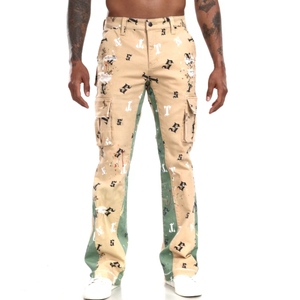 Pantalon cargo imprimé streetwear pour homme, motif lettres, denim évasé, coupe droite, poids moyen, style été - Product Image 1