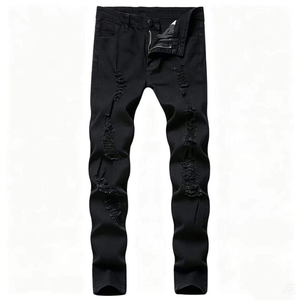 Jean en denim déchiré et vieilli pour homme, taille haute, coupe droite, décontracté, bleu, en coton lavé, respirant, écologique, automne - Product Image 2