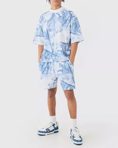 Ensemble T-shirt et short streetwear personnalisé en coton 100% à séchage rapide, respirant, avec épaules tombantes et impression en relief, vente en gros - Product Image 2