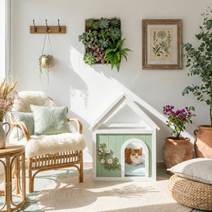 Maison pour chat d'intérieur en cèdre avec toit en acrylique transparent, design américain moderne blanc menthe, maison pour animaux toutes saisons avec motif floral - Product Image 4