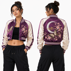 Chaqueta Bomber Corta de Satén para Mujer al por Mayor con Bordado Abstracto y Ribete en Contraste, Marca Privada, Producción Directa de Fábrica OEM - Product Image 4