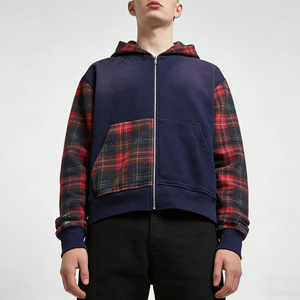 Sweat-shirt à capuche zippé pour homme, en patchwork à carreaux bleu marine, coupe classique, veste en polaire décontractée, style automne - Product Image 4