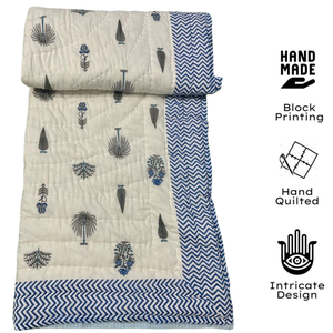 Edredón Reversible Ecológico de Algodón 100% con Estampado Clásico de Jaipur, Diseño Floral con Borde en Zigzag Azul, para Decoración del Hogar y Hoteles, Apto para Todas las Estaciones - Product Image 2