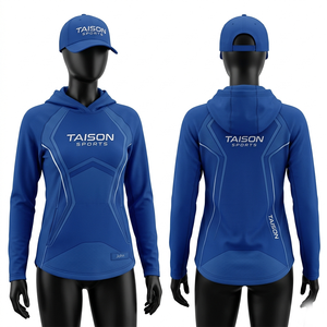 Sweat à capuche de sport pour femmes, 245 GSM, tissu extensible en polyester et élasthanne de qualité supérieure, bleu et blanc avec empiècements contrastés, logo personnalisé par sublimation - Product Image 2