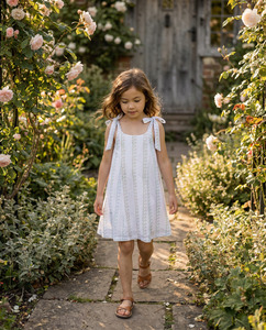 Vestido de Verano Premium para Niñas, Blanco, de Algodón, con Rayas Florales, Tirantes, Sin Mangas, Cómodo, para Compradores de Ropa Infantil - Product Image 4