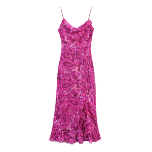 Vestido Maxi de Noche Rosa Satinado con Estampado Floral, Sin Mangas, Cuello Drapeado, Dobladillo Fruncido con Abertura, Cintura Natural, Ideal para Fiestas de Verano - Product Image 1