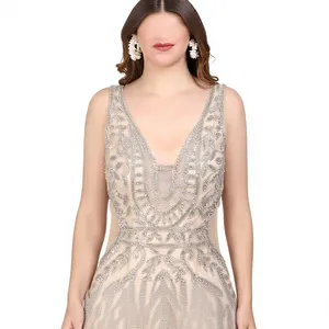 Glamorous Nude Beige Thigh Slit <b>Prom</b> Gown - Luxury <b>Silver</b> Beads Sleeveless Cutout Mermaid Evening <b>Dress</b> - High-End Cocktail Part - Product Image 5