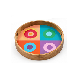 Round <b>Wooden</b> <b>Serving</b> <b>Tray</b> With Geometric Pattern Laminated Finish Decorative Design For Residential Use - Product Image 1