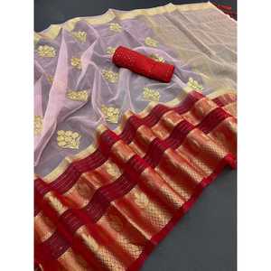 DESGASTE DE FIESTA ORGANZA SEDA ZARI CON SECUENCIA TEJIDO SAREE CON BLUSA DESCOSTADA ROJA - Product Image 1