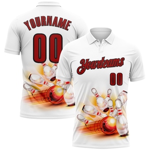 เสื้อโปโลสำหรับเล่นโบว์ลิ่ง 3 มิติ สีขาว-แดง-ดำ แบบกำหนดเอง ขายดีที่สุดในอุตสาหกรรมขายส่งโดยตรง - Product Image 1