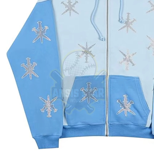 เสื้อฮู้ดผู้ชายสีฟ้าอ่อน ผ้าฝ้าย 100% พิมพ์ลายดิจิทัล ทรงโอเวอร์ไซส์ สไตล์ลำลอง สำหรับฤดูหนาว แบบถัก - Product Image 3