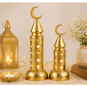 Luxury Gold Hammered Metal Mosque Minaret Ornaments Set Crescent Moon Star Ramadan & Eid Mubarak <b>Table</b> <b>Top</b> Centerpiece <b>Decor</b> - Product Image 6