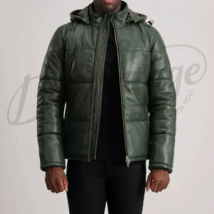 Veste matelassée en cuir vert foncé pour homme, chaude et rembourrée, avec capuche, en similicuir, idéale pour l'hiver et les températures froides. - Product Image 6