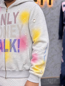 Sweat-shirt à capuche surdimensionné pour homme avec imprimé en strass « Only Money Talk », style streetwear, 100% coton, tissu French Terry - Product Image 5