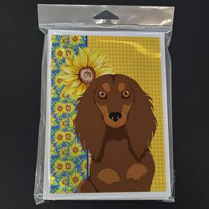 Summer Sunflowers Teckel Cartes de vœux Pack 8 A7 Taille 5x7 Whimsical Longhair Chocolate Tan Blank Note Cards with Enveloppes - Product Image 3