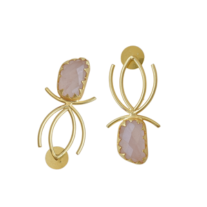 Boucles d'oreilles pendantes en laiton plaqué or avec pierre semi-précieuse en quartz rose, faites à la main, légères, bijoux artisanaux de créateur, vente en gros - Product Image 2