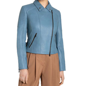 Veste en cuir véritable pour femme, bleue, matelassée, style motard, coupe ajustée, décontractée, tendance, style café racer, best-seller - Product Image 3