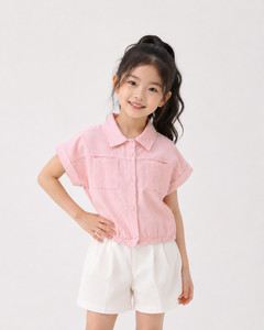 เสื้อเชิ้ตแขนสั้นผ้าลินินผสมสีชมพูสำหรับเด็กผู้หญิง |   เสื้อเชิ้ตติดกระดุมลำลองสำหรับฤดูร้อน - Product Image 4